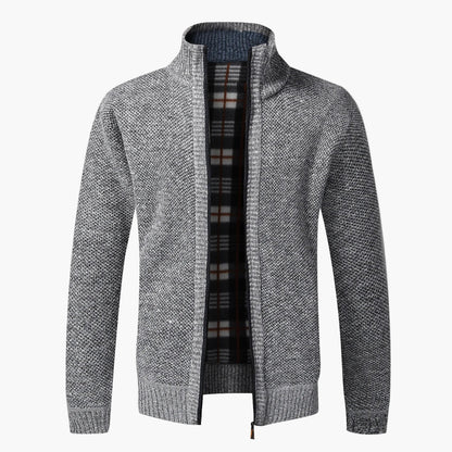 Herren Strick-Cardigan mit Stehkragen und kariertem Innenfutter – modische Freizeitjacke