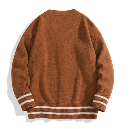 Unisex V-neck cardigan with striped sleeves and button placket