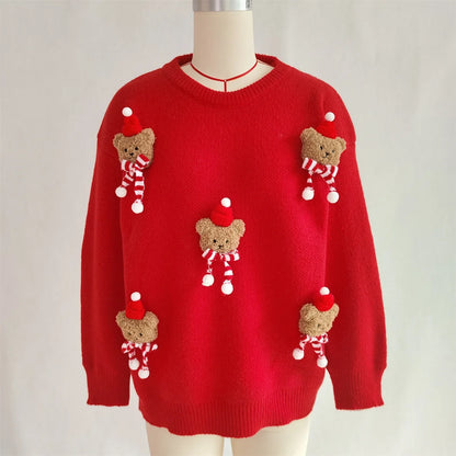 Red Christmas sweater with teddy bear appliqués and a crew neck