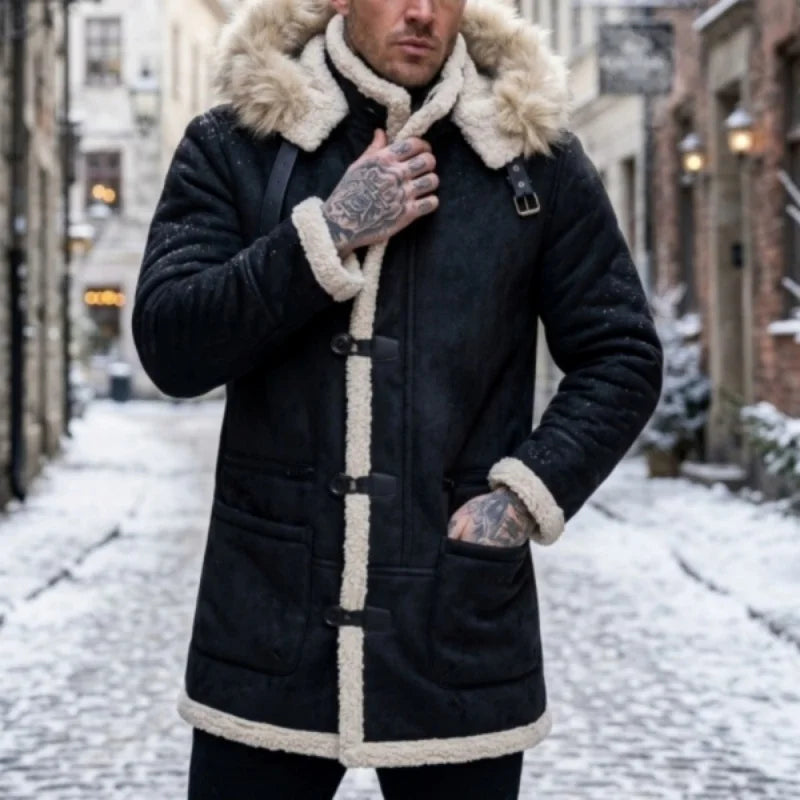Men's winter parka with hood, teddy lining and toggle closure, gray