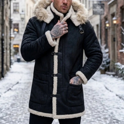 Men's winter parka with hood, teddy lining and toggle closure, gray