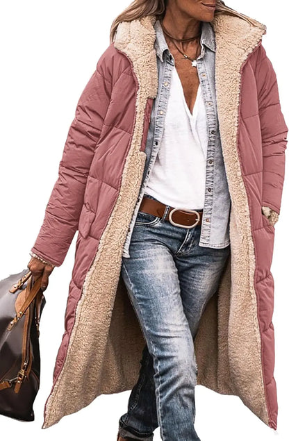 Long women's quilted coat with teddy lining & hood - Warmly lined winter coat
