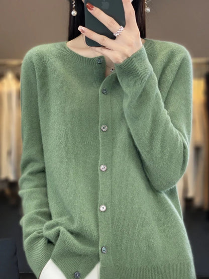 Women's crew-neck knitted cardigan with button placket, long-sleeve