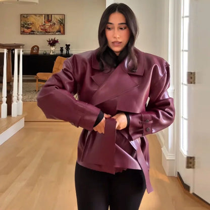 Women's wrap jacket short jacket with tie belt green shiny