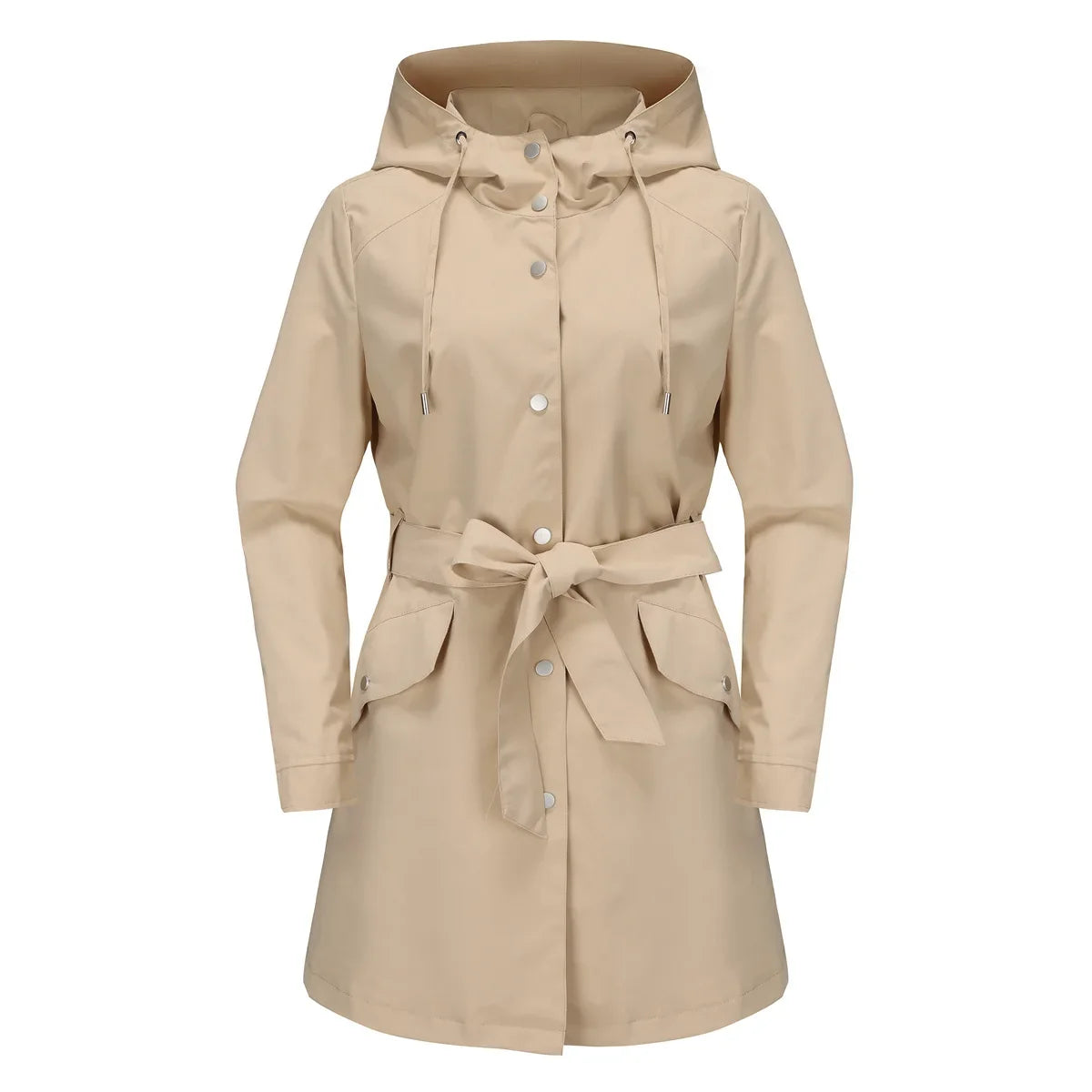 Damen Kurzmantel mit Kapuze und Gürtel, Übergangsjacke mit Knöpfen, Langarm Trenchcoat