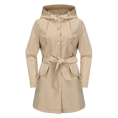 Damen Kurzmantel mit Kapuze und Gürtel, Übergangsjacke mit Knöpfen, Langarm Trenchcoat