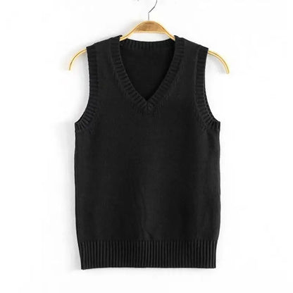 Unisex knitted vest V-neck sleeveless ribbed trim solid color