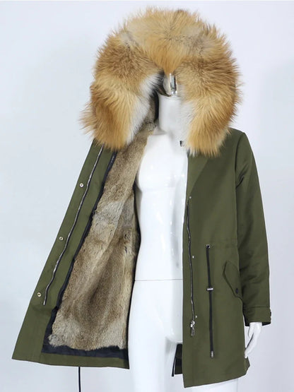 Women's winter parka with hood and fur trim, warm jacket, unisex