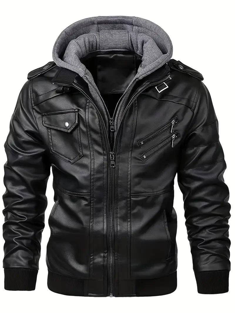 Herren Bomberjacke mit Kapuze und Reißverschlüssen, Lederoptik