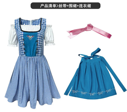 Dirndl Kleid Blau Weiß Kariert mit Schürze und Stickerei