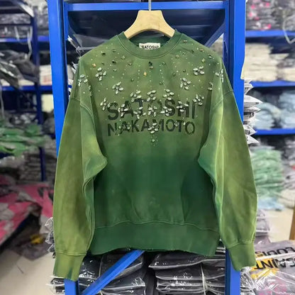 Unisex Crew-Neck Ombre Sweatshirt with Rhinestone Details