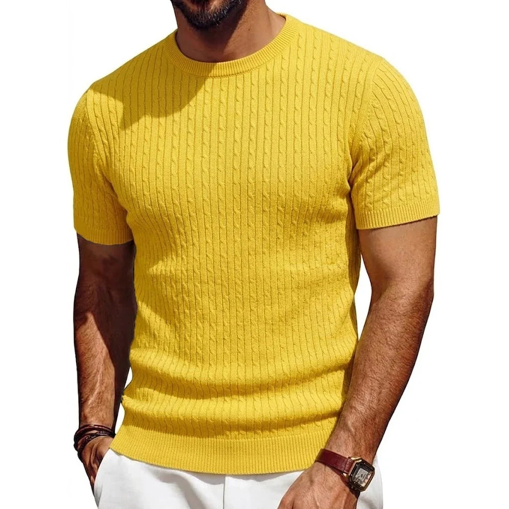 Men's short-sleeve knit pullover cable-knit pattern crew neck