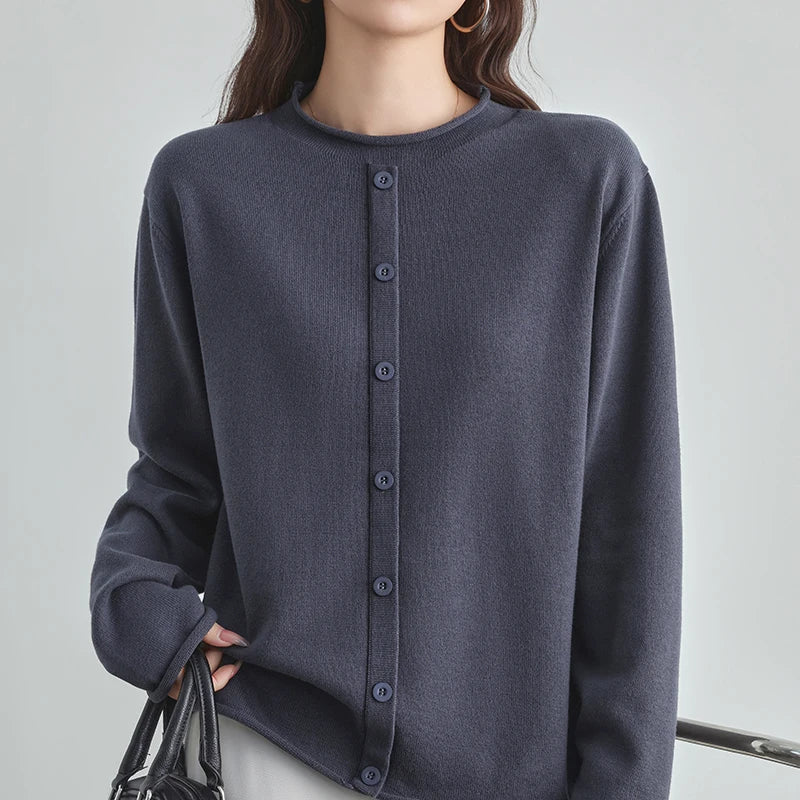 Damen Cardigan Rundhals Langarm Strickjacke mit Knöpfen