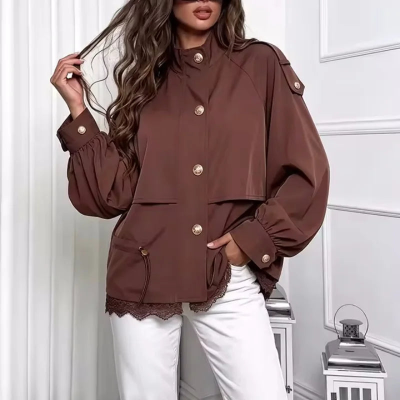 Women's Jacket with Stand Collar, Waist Drawstring and Lace Trim at the Hem
