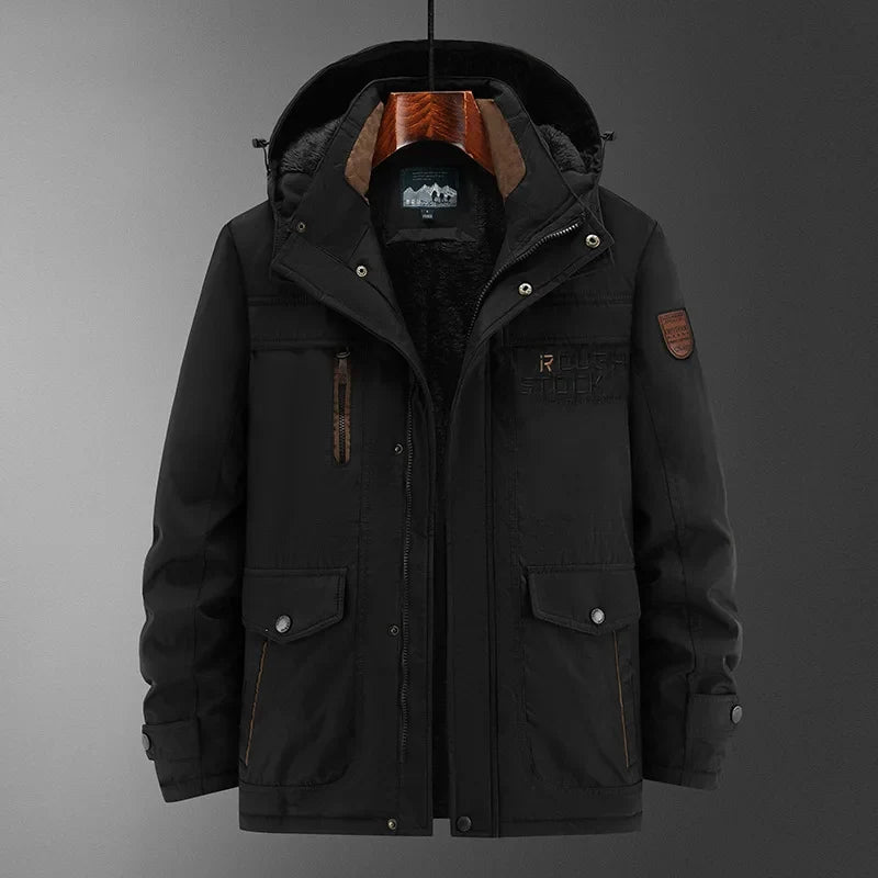 Men's winter jacket with hood, lined, with multiple pockets