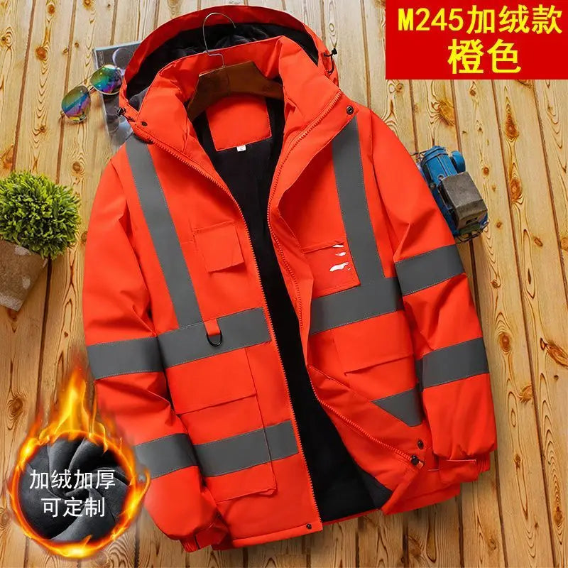 Men's winter work jacket with fleece lining, reflective stripes, and hood