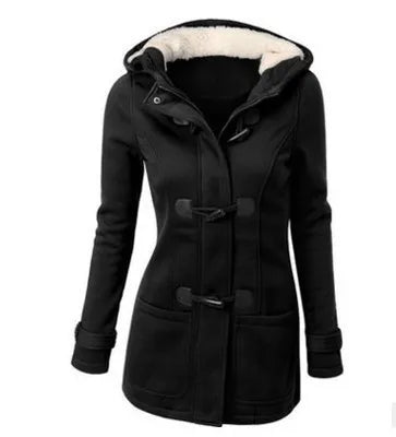 Women's winter coat with hood and toggle closure, warmly lined