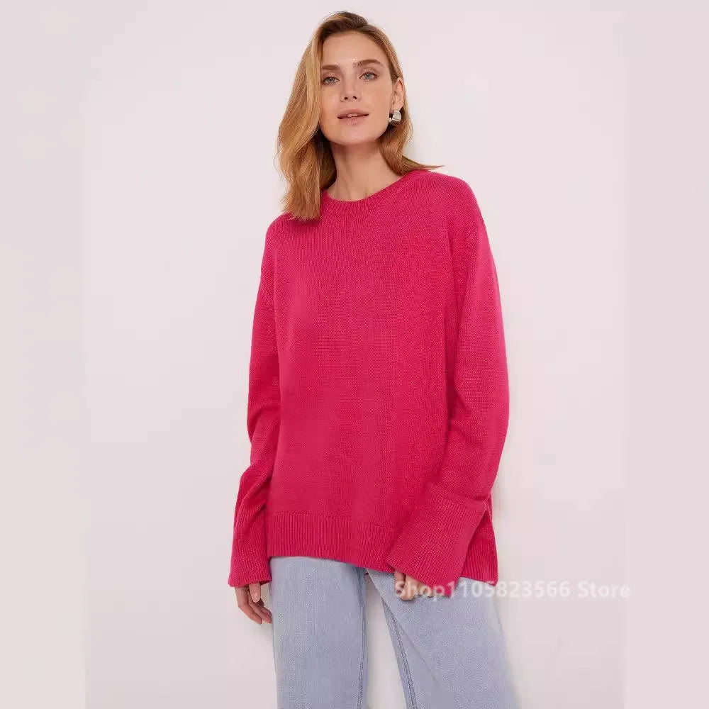 Women's oversized knit sweater, crew neck, loose fit
