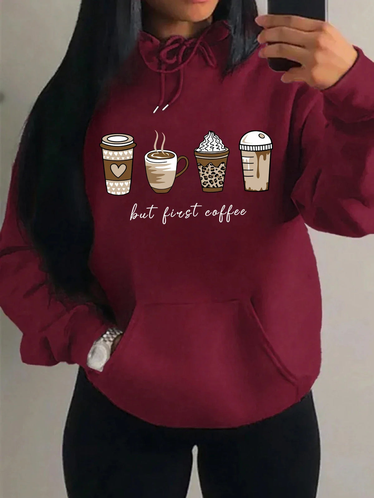 Women's hoodie with coffee cup print, hood, and kangaroo pocket