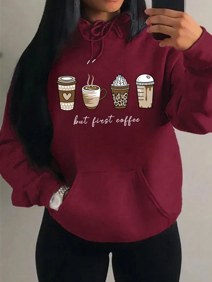 Women's hoodie with coffee cup print, hood, and kangaroo pocket