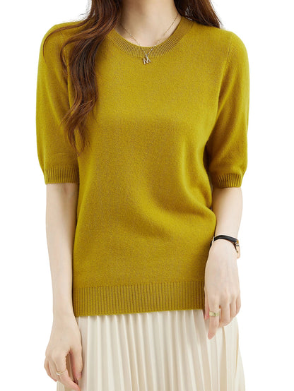Women's short-sleeve knitted sweater, crew neck, ribbed hem