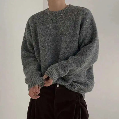 Men's Chunky-Knit Crew-Neck Sweater Gray Long-Sleeve