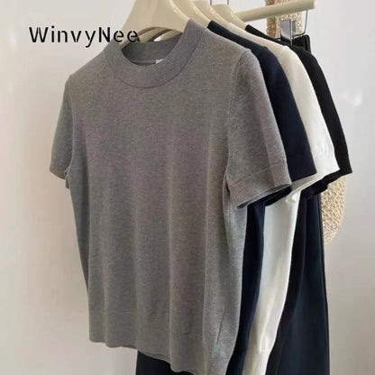 Kurzarm Strickpullover Damen - Gerippter Rundhals Ausschnitt