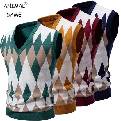 Men's Argyle knitted vest V-neck sleeveless pullover vest