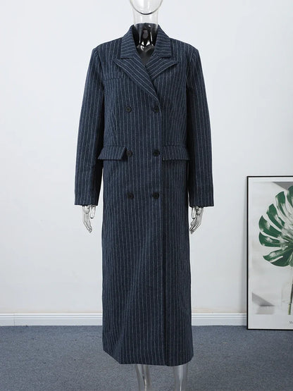 Damen Oversize-Mantel Marineblau Nadelstreifen Lang Zweireihig