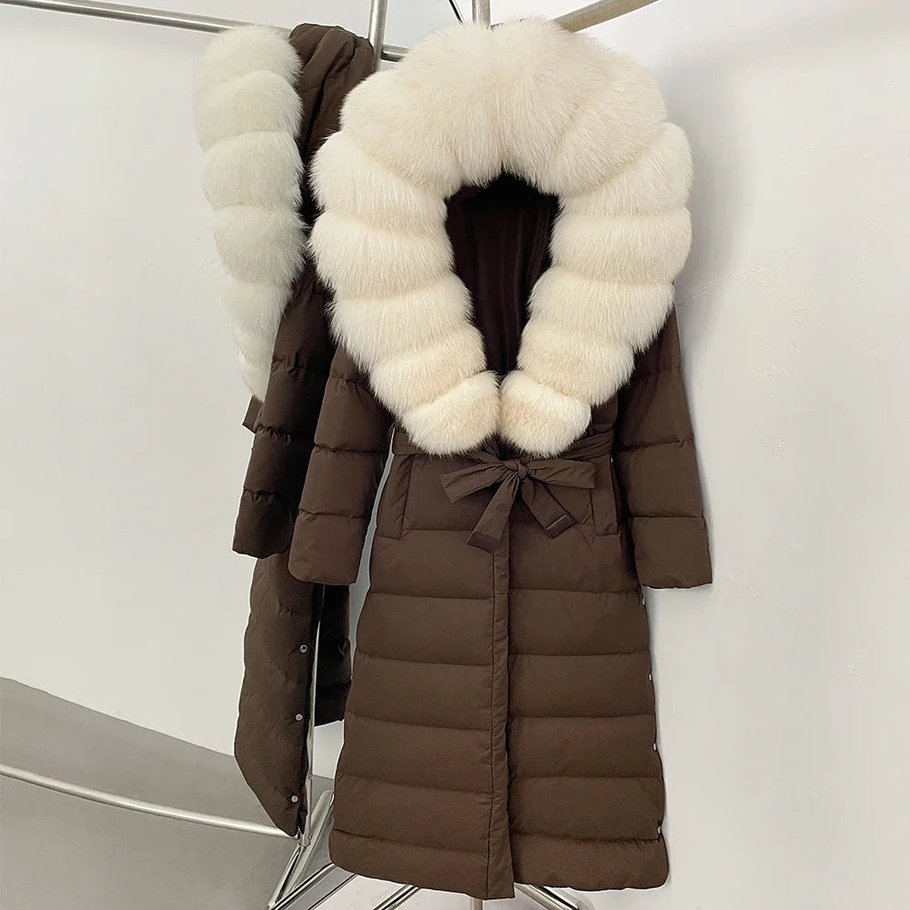 Damen Winter Steppmantel Lang mit Kunstfellkragen Bindegürtel