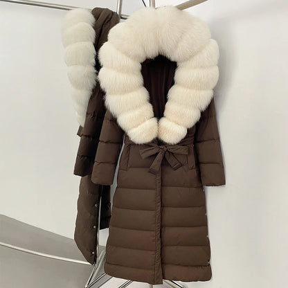 Damen Winter Steppmantel Lang mit Kunstfellkragen Bindegürtel