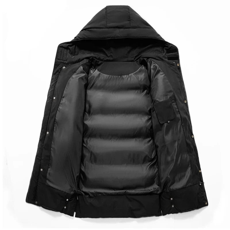 Men's long winter padded coat with hood, warm and lined