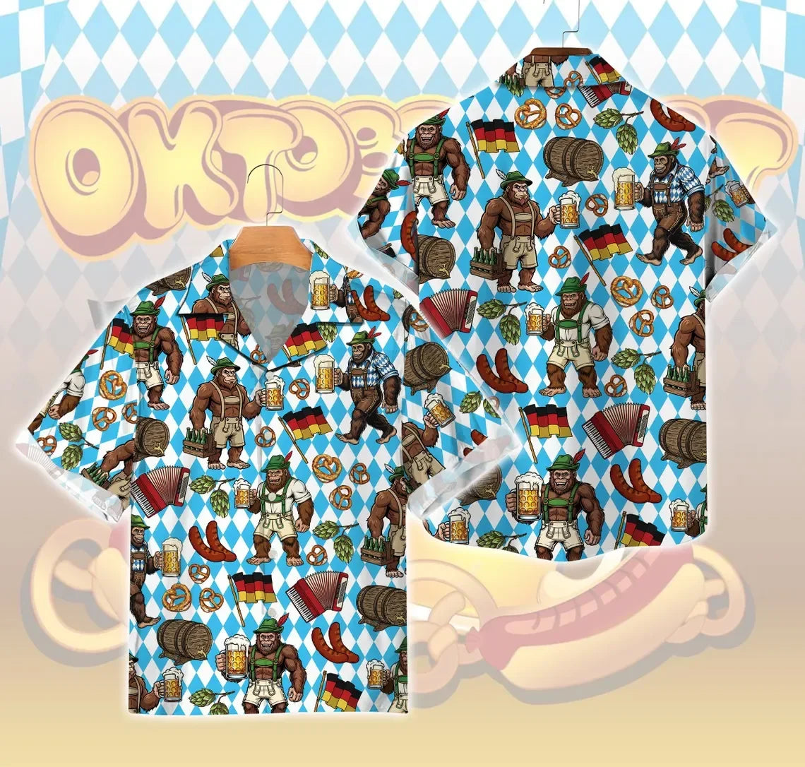 Kurzarm Hemd im Trachten-Design mit Lederhosen-Motiv und Bierkrügen