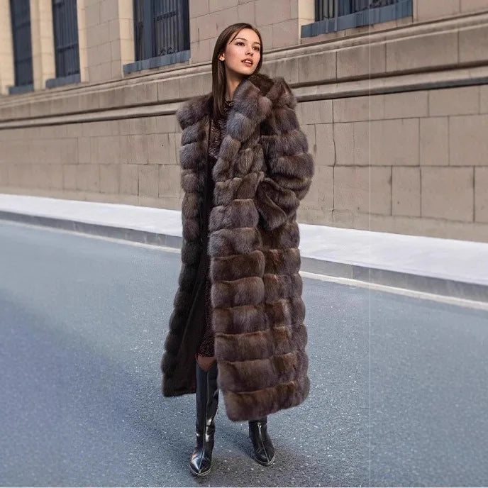 Damen Langer Mantel mit Kapuze, Braun, Kunstfell-Optik, Winter