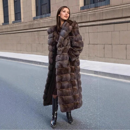 Damen Langer Mantel mit Kapuze, Braun, Kunstfell-Optik, Winter