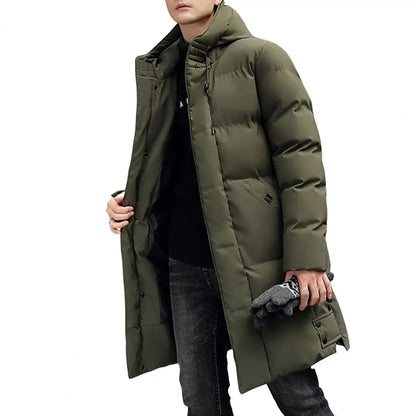 Men's long quilted coat with hood and zipper
