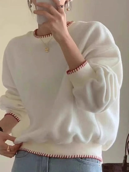 Women's Knit Sweater with Contrasting Trim - Crewneck Long-Sleeve