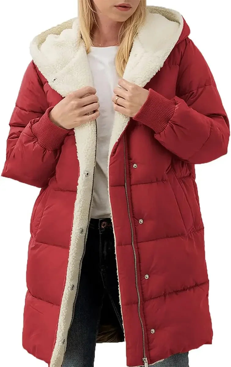 Damen Winter Steppmantel mit Kapuze & Teddyfutter Lang