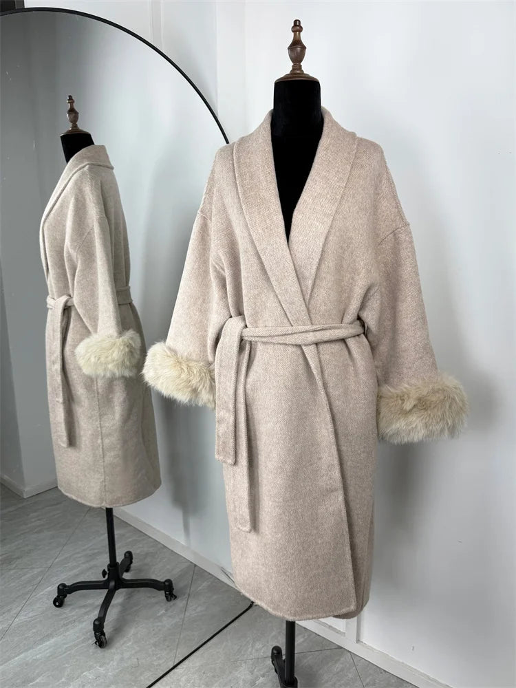 Short women's wrap coat with faux-fur sleeves and tie belt