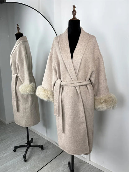 Short women's wrap coat with faux-fur sleeves and tie belt