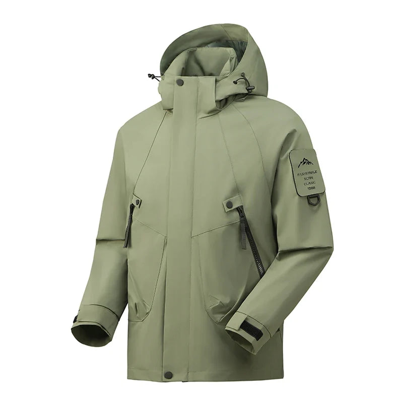 Unisex outdoor jacket with hood and zippered pockets, windproof and water-repellent
