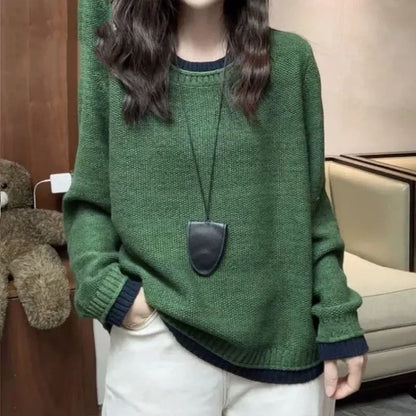 Women's long-sleeve sweater with crew neckline, ribbed cuffs and hem