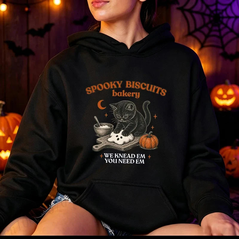 Halloween cat motif hoodie with kangaroo pocket, unisex