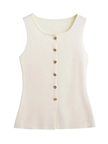 Women's sleeveless top with round neck and buttons - front slit