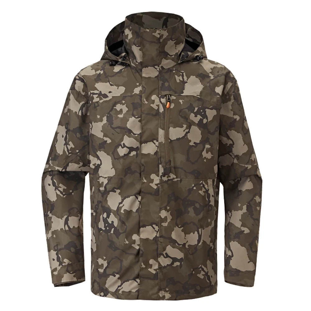Men's camouflage outdoor jacket with hood and zippered pockets