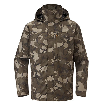Men's camouflage outdoor jacket with hood and zippered pockets