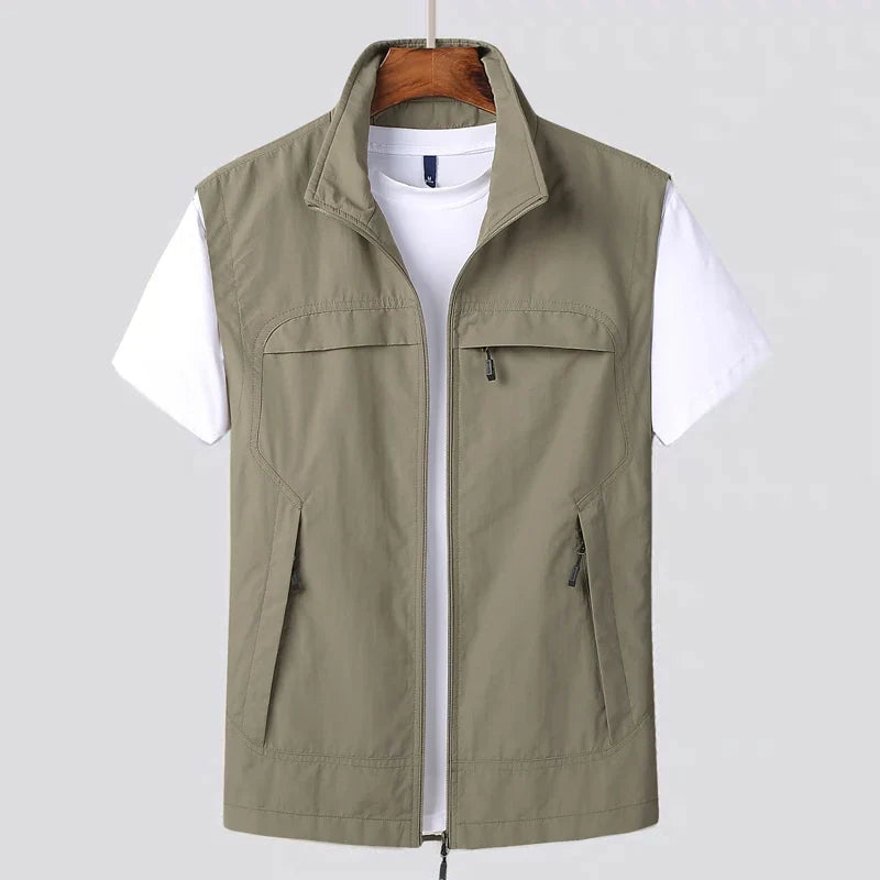 Men's vest with stand-up collar, zipper, and multiple pockets