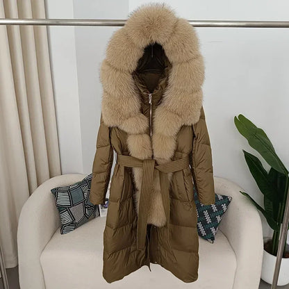 Damen Daunenmantel mit Pelzkapuze und Bindegürtel, gepolstert, lange Winterjacke