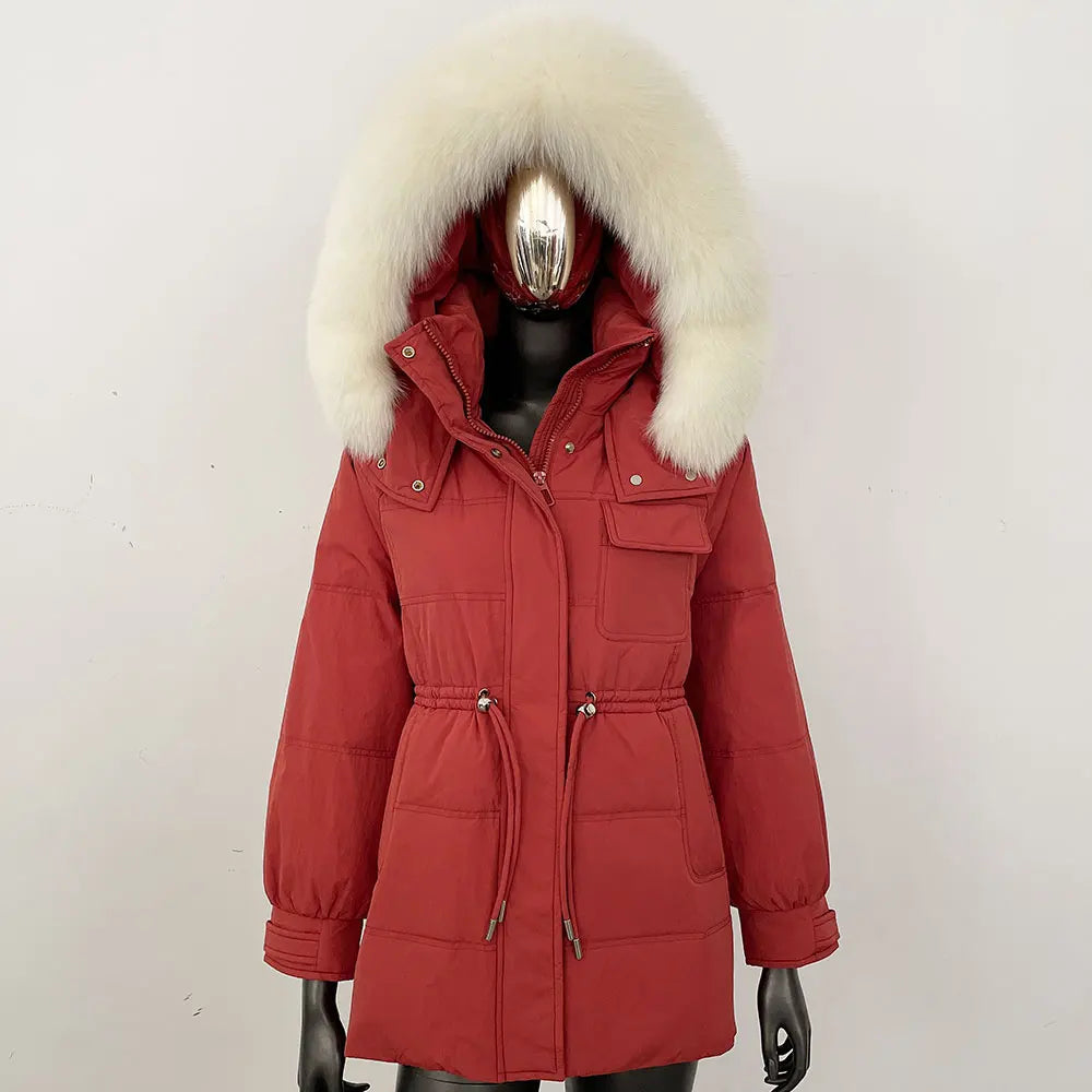 Women's winter parka jacket with fur hood and drawstring waist