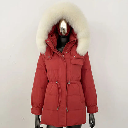 Women's winter parka jacket with fur hood and drawstring waist